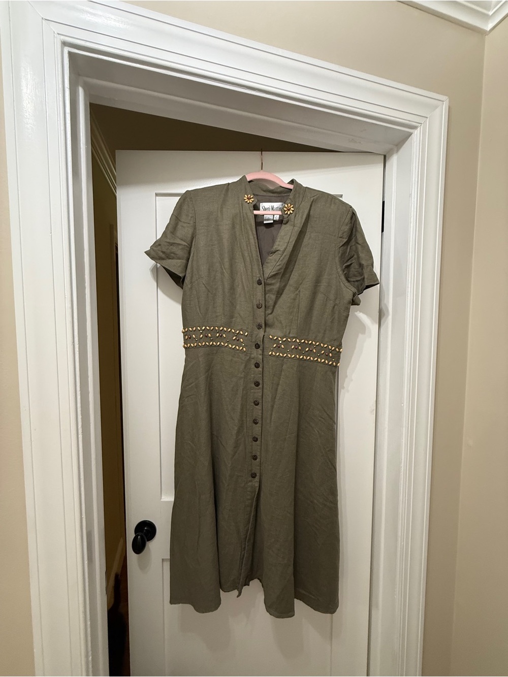 Vintage 90s Sheri Martin Olive Green Linen Blend Button Down Midi Dress
